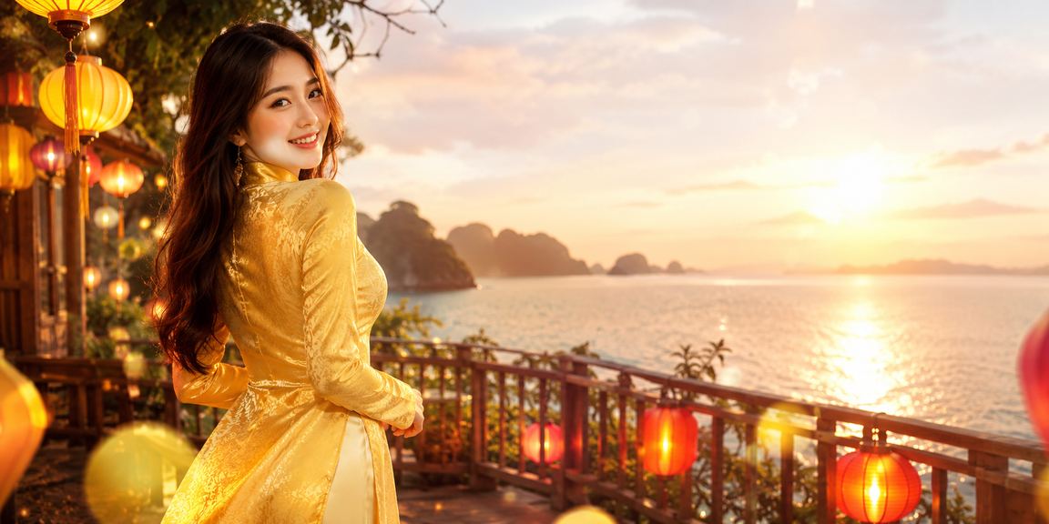 Người dùng mặc áo dài đăng ký tài khoản và nhận ưu đãi chào mừng tại phố cổ Hội An